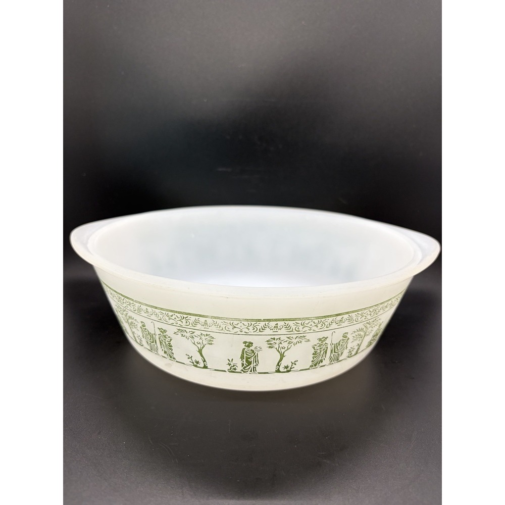 Vintage Glasbake Milk Glass With Roman Greek Green Design 2 QT Casserole Dish
